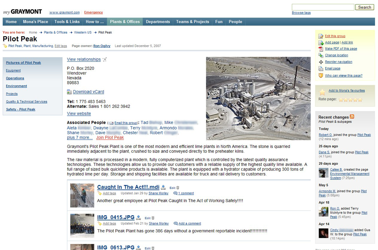 Screenshot of ThoughtFarmer page for the Pilot Peak quarry