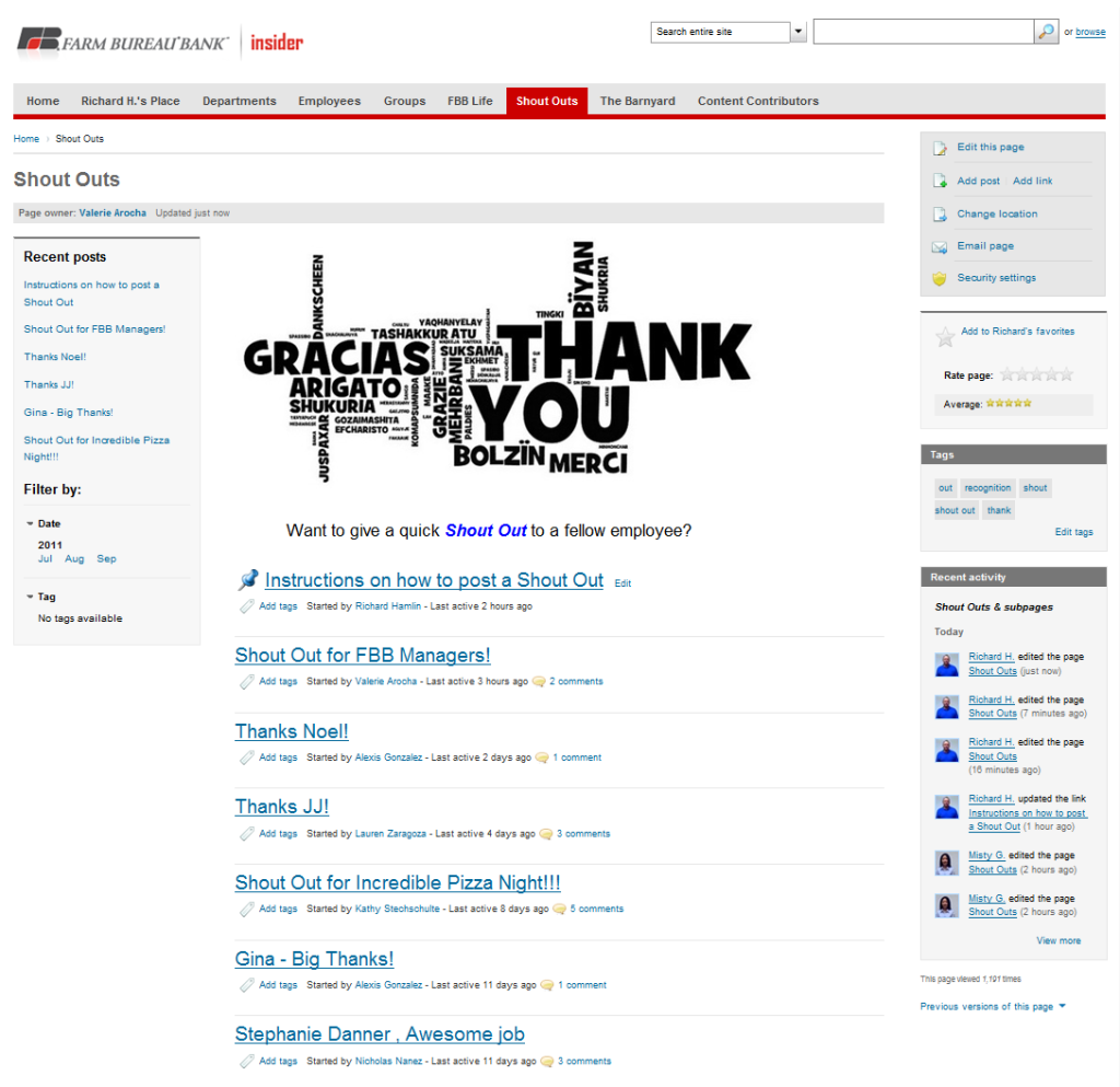 FBB Intranet "Shout Outs"