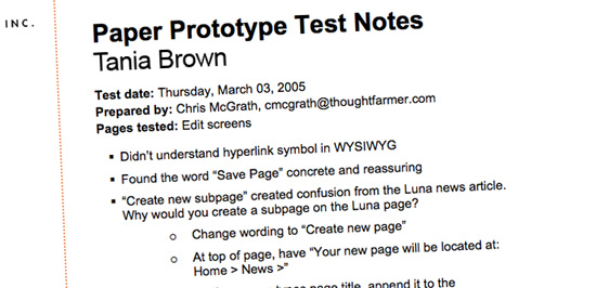Intranet user testing notes