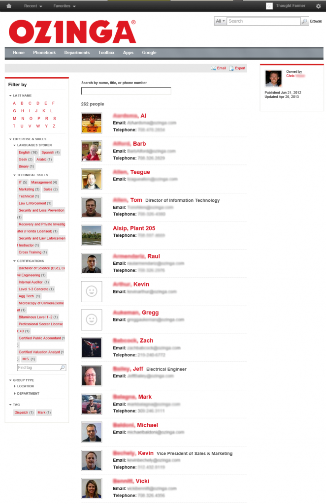 Ozinga intranet employee directory