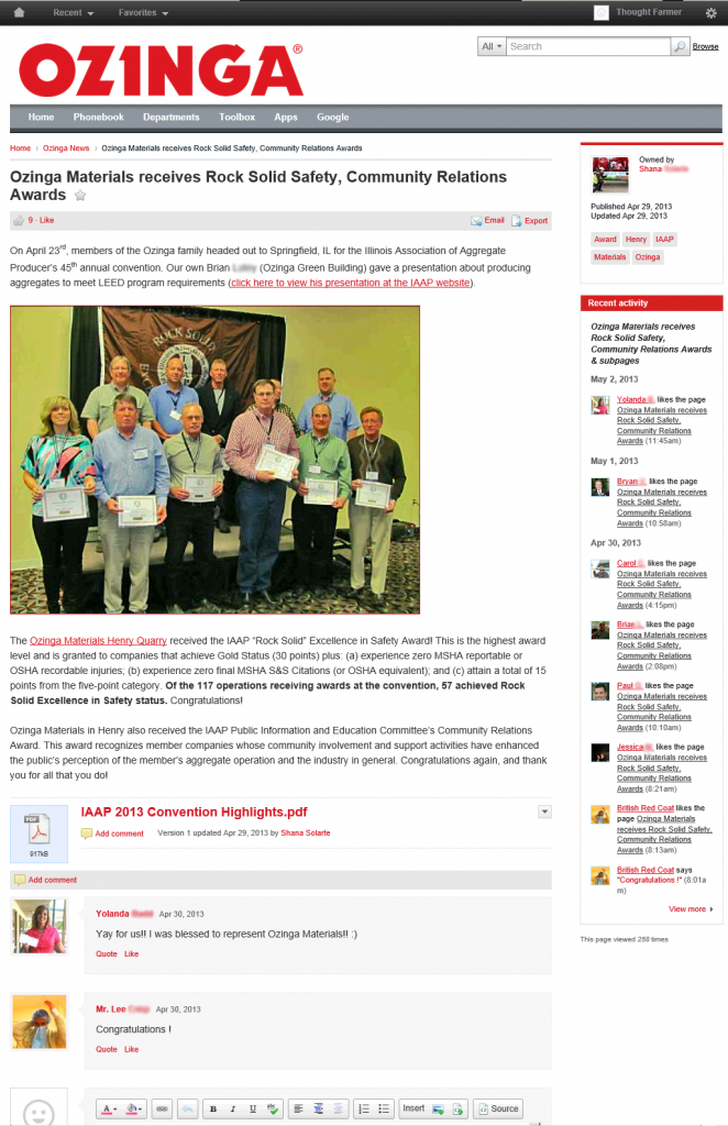 Ozinga employee recognition