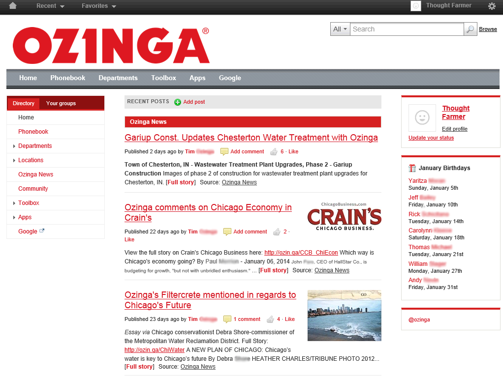 Ozinga intranet homepage