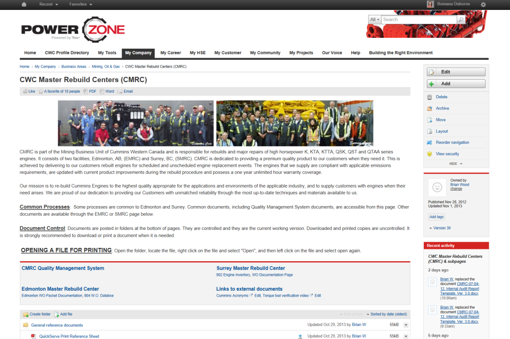 Cummins intranet page