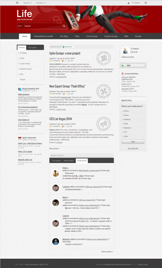 Splio ThoughtFarmer Intranet home page